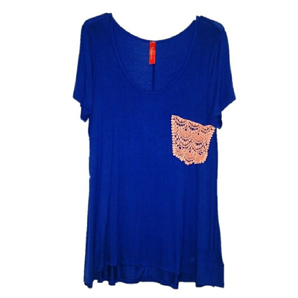 royal blue jersey tee with crochet pocket - Picture 2 of 2